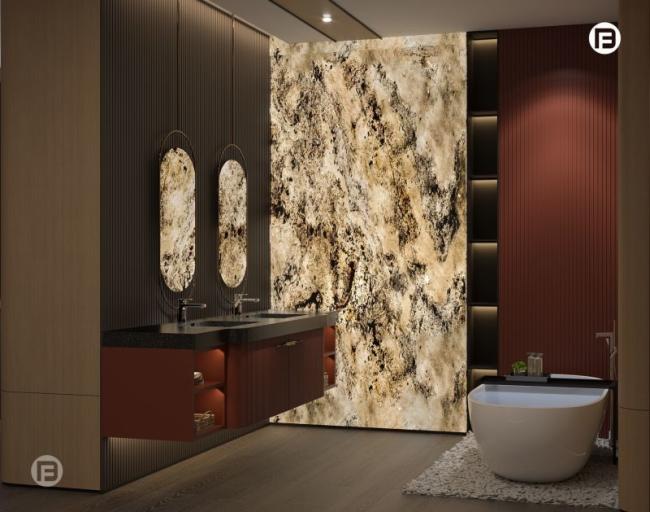 Sophisticated Blush Red Stainless Steel Bathroom Cupboard With Dual Sided Grid Wall Panels - interior organization