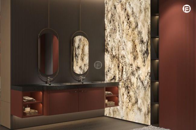 Sophisticated Blush Red Stainless Steel Bathroom Cupboard With Dual Sided Grid Wall Panels - bathroom vanity overview