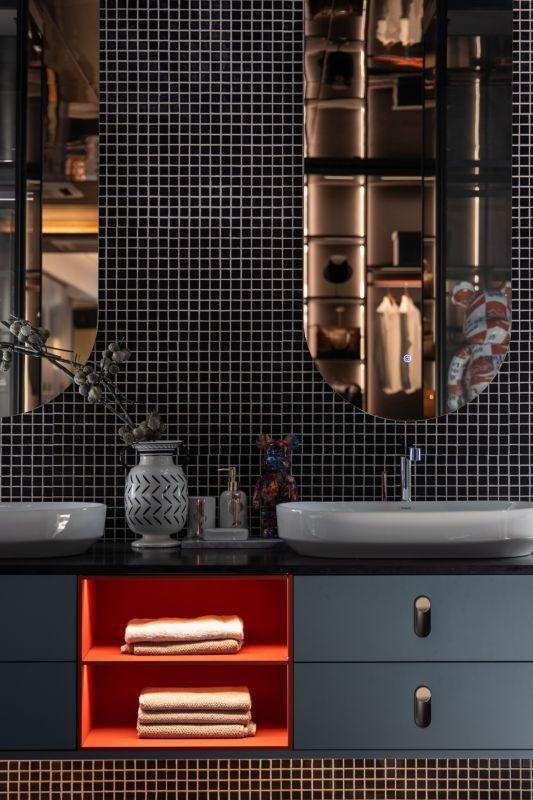 Matte Finish Stainless Steel Bathroom Sink Vanity Cabinet With Blue Gray And Red Accents - High-grade stainless steel, known for its strength, longevity, and with room context