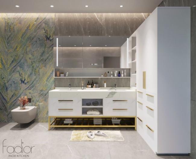 The Fadior Stainless Steel Bathroom Vanity Cabinet Modern Design With Gold Frame - White with bathroom vanity overview