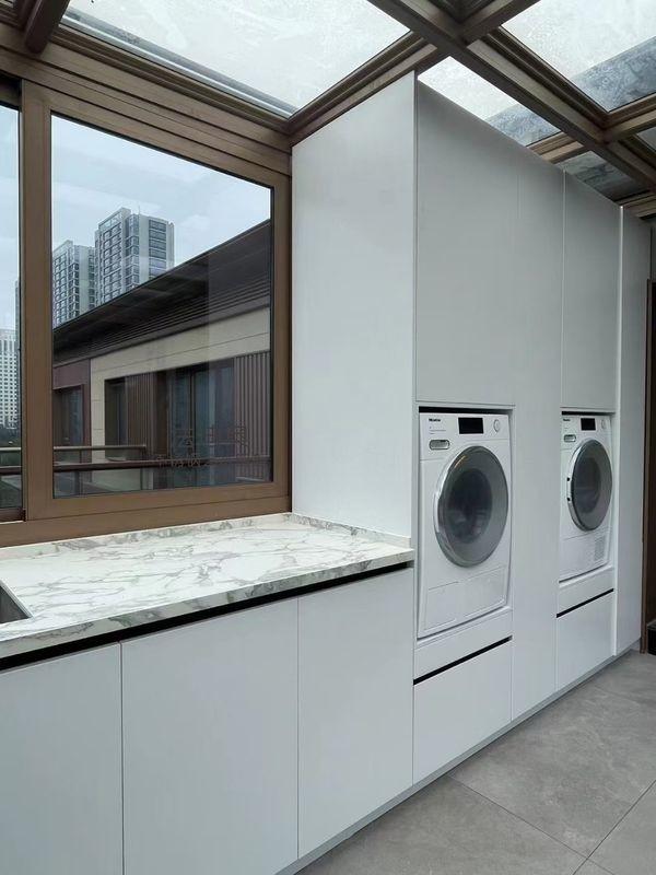 Contemporary Metal Laundry Room Cabinet With Stylish Light Gray Finish - Modern, minimalist with room context