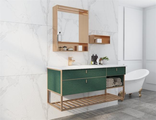 Sleek Stylish Lotus Green Bathroom Vanity Cabinet With Versatile Storage Options - Stone-textured surface; scratch-resistant and easy to maintain with feature detail