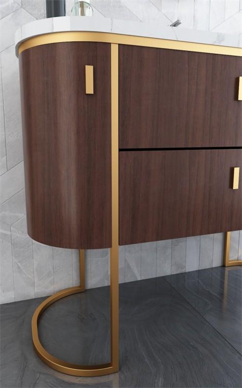Modern Curved Stainless Steel Bathroom Vanity Cabinet Formaldehyde Free - Royal ancient wood grain with gold accents
