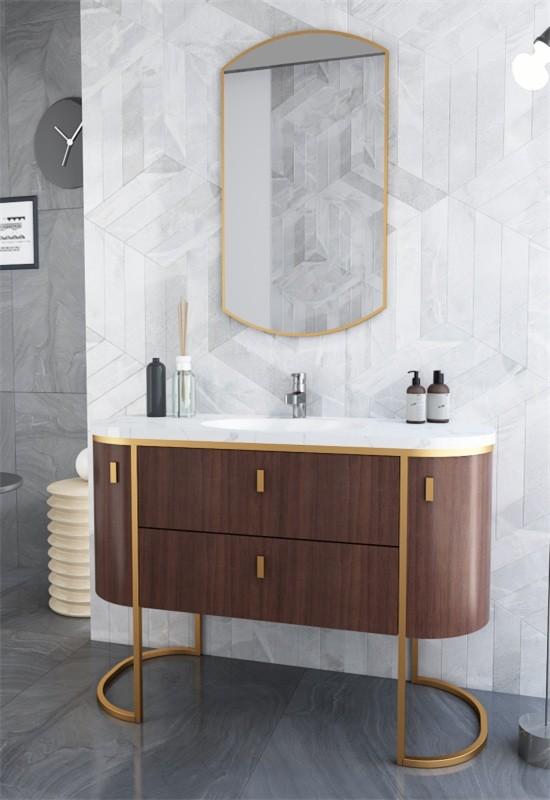Modern Curved Stainless Steel Bathroom Vanity Cabinet Formaldehyde Free - White quartz countertop with feature detail