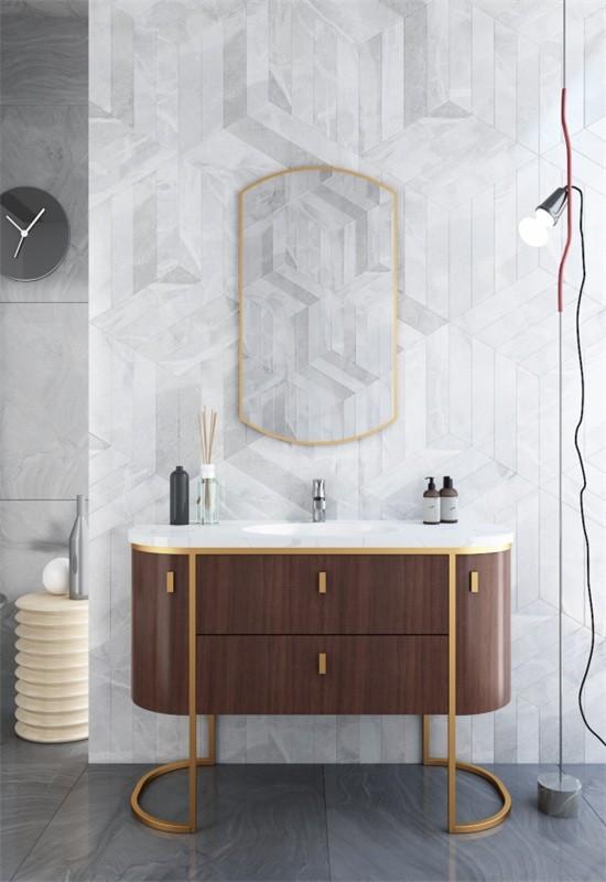 Modern Curved Stainless Steel Bathroom Vanity Cabinet Formaldehyde Free - Wood Grain with bathroom vanity overview