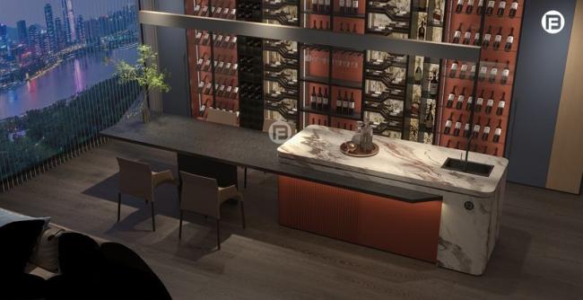 Stainless Steel Living Room Wine Cabinet With Dual-Tone Marble And Glass Back Panels - feature detail