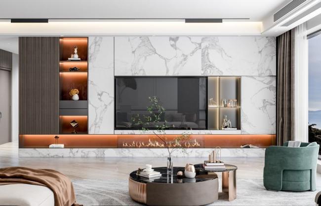 Luxe Marble And Stainless Steel TV Storage Unit With Orange Carcass Color - Wood Grain / White with tv cabinet overview