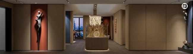 Wood Grain Metal Decorative Wall Panel With Bold Orange Accent And Artistic Black Sculpture - kitchen cabinet overview