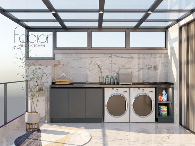 Meridian Gray Stainless Steel Balcony Storage Cabinet With Black Quartz Countertop - Gray with balcony storage cabinet overview