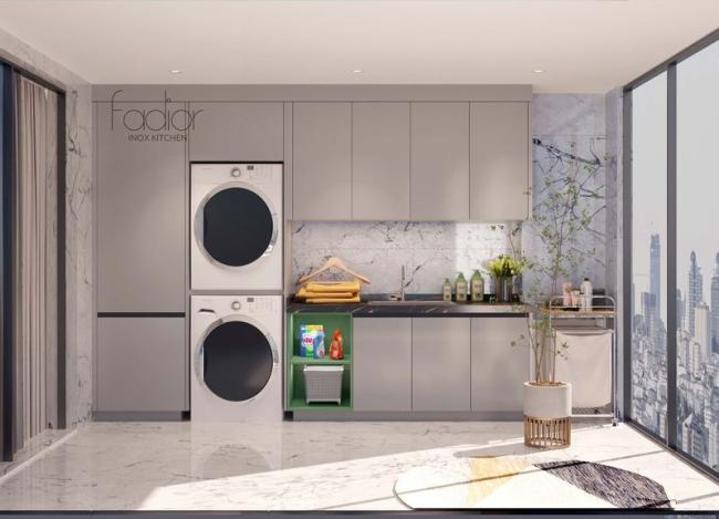 Light Gray Stainless Steel Balcony Storage Unit With Lotus Green Open Cabinet - balcony storage cabinet overview