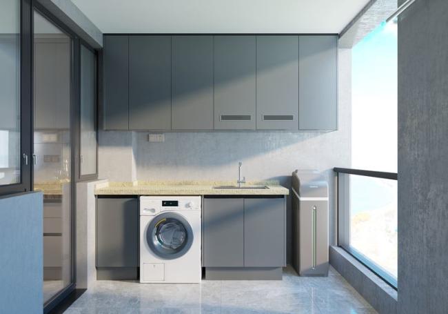 OEM Modern Laundry Cabinet Waterproof Cabinet For Balcony With Washing Machine Slot - Beige / Gray with balcony laundry cabinet overview