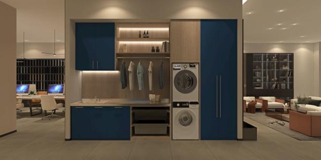 Wood Grain Laundry Room Sink Cabinet Combo With Extra Long Countertop - laundry cabinet overview