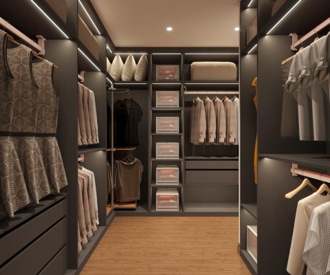 Steel Elegance Modern Gray Walk-In Closet With Gold Accents - feature detail
