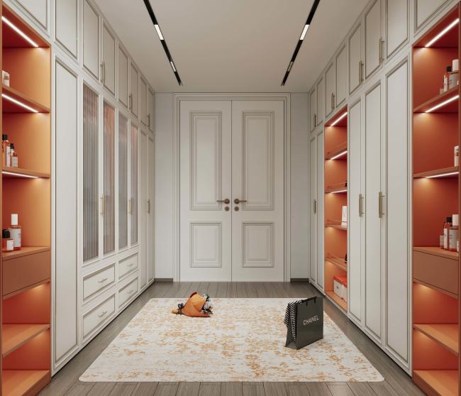 Stainless Steel Walk-In Closet With Orange Accents And Artistic Wave Mirror Design - interior organization