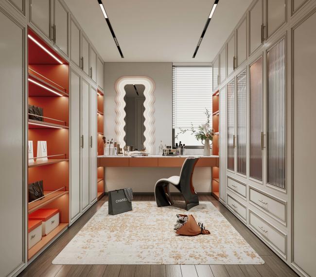 Stainless Steel Walk-In Closet With Orange Accents And Artistic Wave Mirror Design - wardrobe overview