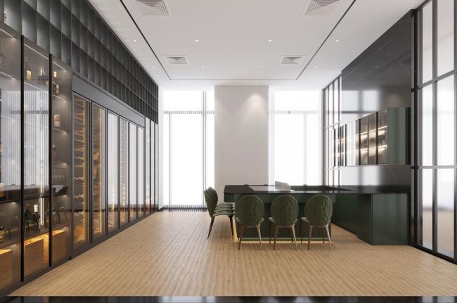 Full-Wall Stainless Steel Wine Cabinet With Storage And Seating In Elegant Black - the collection Full-Wall Stainless Steel Wine Cabinet with Storage and with room context