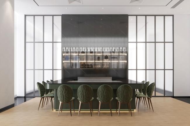 Full-Wall Stainless Steel Wine Cabinet With Storage And Seating In Elegant Black - feature detail
