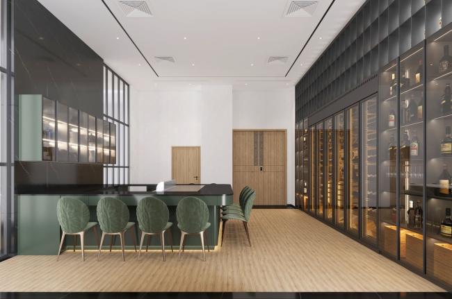 Full-Wall Stainless Steel Wine Cabinet With Storage And Seating In Elegant Black - interior organization