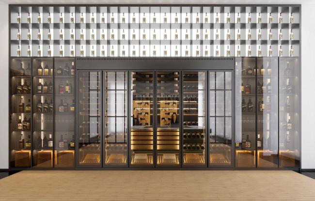 Full-Wall Stainless Steel Wine Cabinet With Storage And Seating In Elegant Black - Black with wine cabinet overview