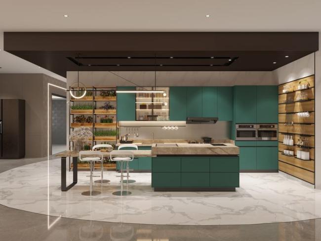 Fadior Lotus Green Elegance: Full Stainless Steel Kitchen Cabinets For Modern Homes - Easy-to-clean, hygienic, and moisture-resistant
