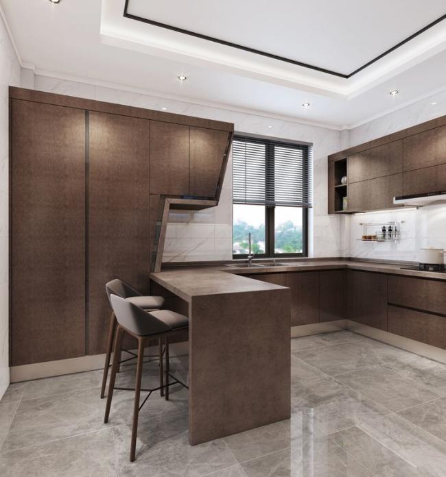 Modern U-Shaped Stainless Steel Kitchen Cabinets With Sleek Stone Grain Design - 100% stainless steel with room context