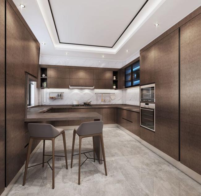 Modern U-Shaped Stainless Steel Kitchen Cabinets With Sleek Stone Grain Design - Durable sintered stone countertop with feature detail