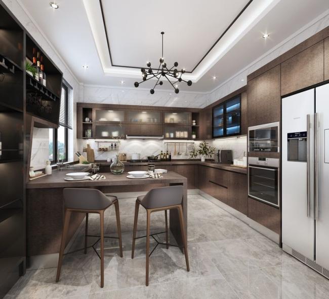 Modern U-Shaped Stainless Steel Kitchen Cabinets With Sleek Stone Grain Design - Base with a matte brown stone grain finish for an elegant, warm appearance. with kitchen cabinet overview