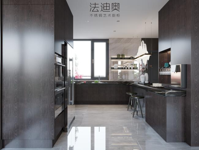 Luxe Espresso Wood Grain Stainless Steel Cabinets For Timeless Kitchen Elegance - An espresso woodgrain textured finish