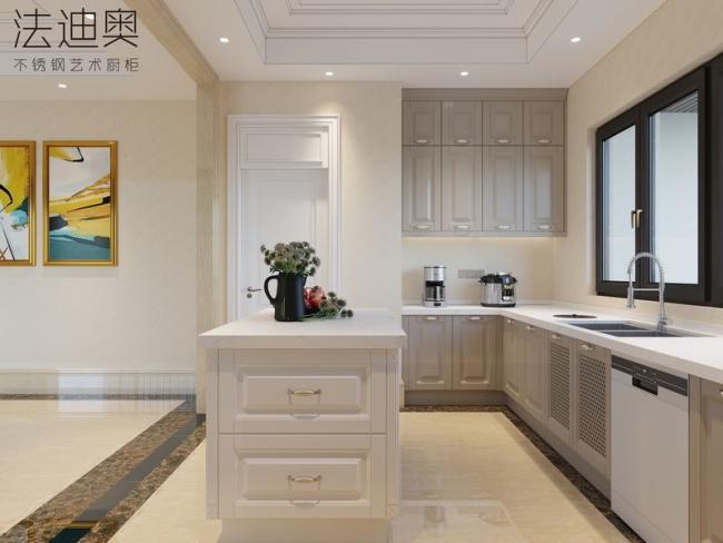 Luxury Stainless Steel U-Shaped Kitchen With Island And Molded Panels - interior organization