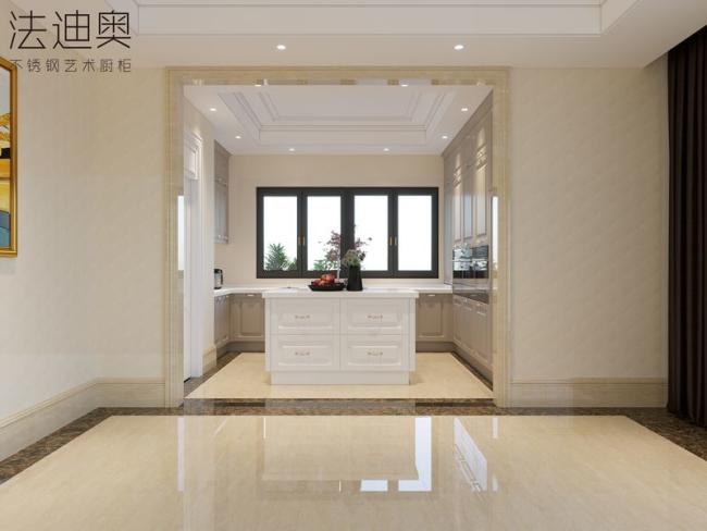 Luxury Stainless Steel U-Shaped Kitchen With Island And Molded Panels - Beige with kitchen cabinet overview