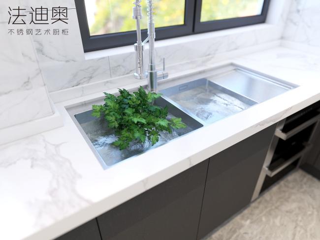 Modern Luxury U-Shaped Sleek Gray Design Stainless Steel Kitchen Cabinet - White quartz countertop with feature detail