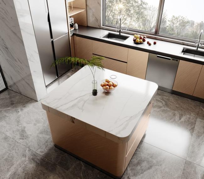 Fadior Champagne Gold Stainless Steel Modern Kitchen Cabinets With Island And Premium Finishes - Quartz countertop with feature detail