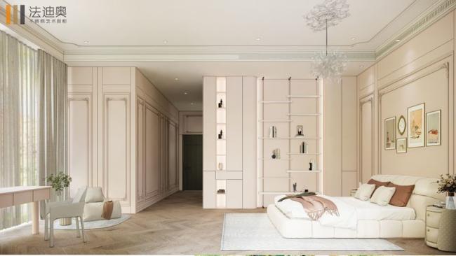 Arched Stainless Steel Bedroom Wardrobe with Integrated Desk - Subtle, warm pink tones complemented by a satin stainless steel finish create a refined atmosphere. with wardrobe overview