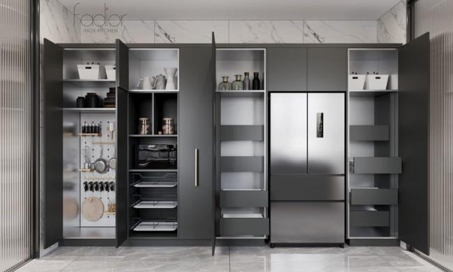 Modern Stainless Steel Double-Line Kitchen Cabinet With Integrated Appliances And Multiple Storage Solution - Premium stainless steel, known for its exceptional durability, corrosion with room context
