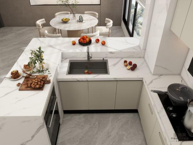 Modern Beige Stainless Steel Kitchen Cabinet With High-Low Design Quartz Countertop - Details