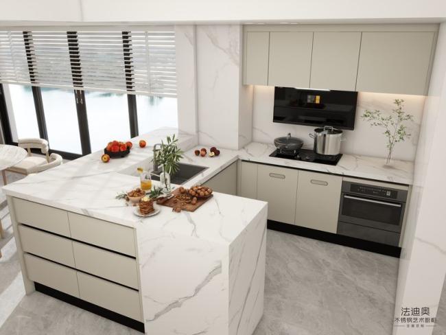 Modern Beige Stainless Steel Kitchen Cabinet With High-Low Design Quartz Countertop - Attribute with room context