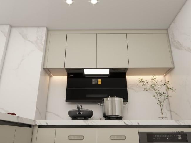 Modern Beige Stainless Steel Kitchen Cabinet With High-Low Design Quartz Countertop - Material