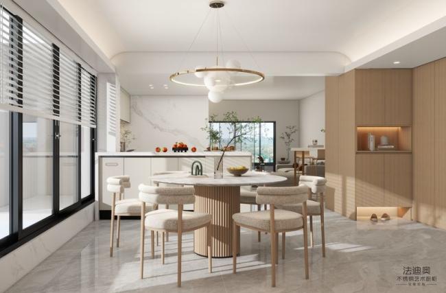 Modern Beige Stainless Steel Kitchen Cabinet With High-Low Design Quartz Countertop - U-shaped layout with interior organization