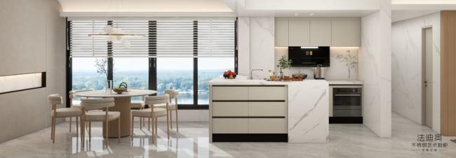 Modern Beige Stainless Steel Kitchen Cabinet With High-Low Design Quartz Countertop - Beige with kitchen cabinet overview