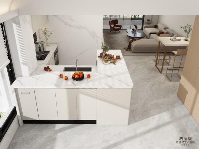 Modern Beige Stainless Steel Kitchen Cabinet With High-Low Design Quartz Countertop - Quartz countertop with feature detail