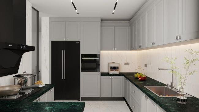 Timeless Stainless Steel Kitchen Cabinet With Dark Green Quartz Countertop And Raised Panel Doors - 100% premium-grade stainless steel, offering durability, moisture