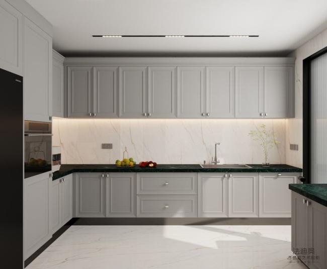 Timeless Stainless Steel Kitchen Cabinet With Dark Green Quartz Countertop And Raised Panel Doors - Details with room context