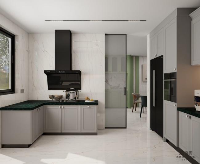 Timeless Stainless Steel Kitchen Cabinet With Dark Green Quartz Countertop And Raised Panel Doors - Quartz countertop with feature detail