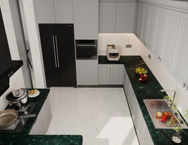 Timeless Stainless Steel Kitchen Cabinet With Dark Green Quartz Countertop And Raised Panel Doors - L-shaped layout with interior organization