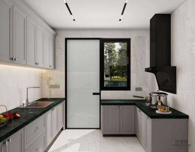 Timeless Stainless Steel Kitchen Cabinet With Dark Green Quartz Countertop And Raised Panel Doors - Gray / Green with kitchen cabinet overview