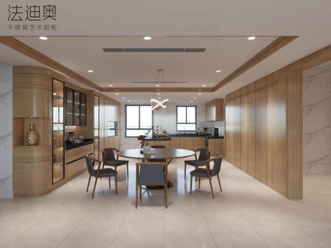 Modern Stainless Steel Kitchen Cabinet With Wood Grain Finish And Curved Island - Premium-grade stainless steel with a wood grain finish, offering with room context