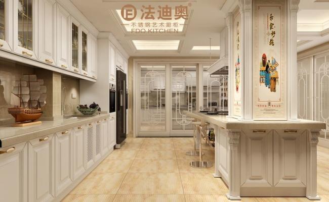 Modern White Stainless Steel Kitchen Cabinet With Profile Door Panel And Gold Handles - U-shaped layout with interior organization