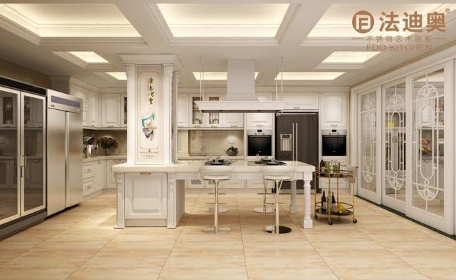 Modern White Stainless Steel Kitchen Cabinet With Profile Door Panel And Gold Handles - Quartz countertop with feature detail