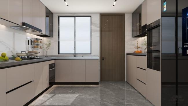 L-Shaped Beige Modern Stainless Steel Kitchen Cabinets With Glass Doors Design - Kitchen Cabinet detail view 1