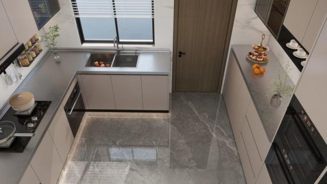 L-Shaped Beige Modern Stainless Steel Kitchen Cabinets With Glass Doors Design - L-shaped design with optimal use of kitchen space
